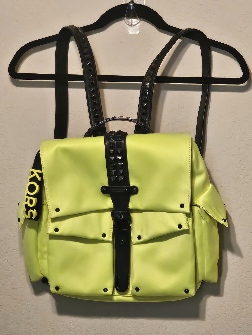 Michael Kors Olivia Neon Yellow Backpack with Black Stud Accents